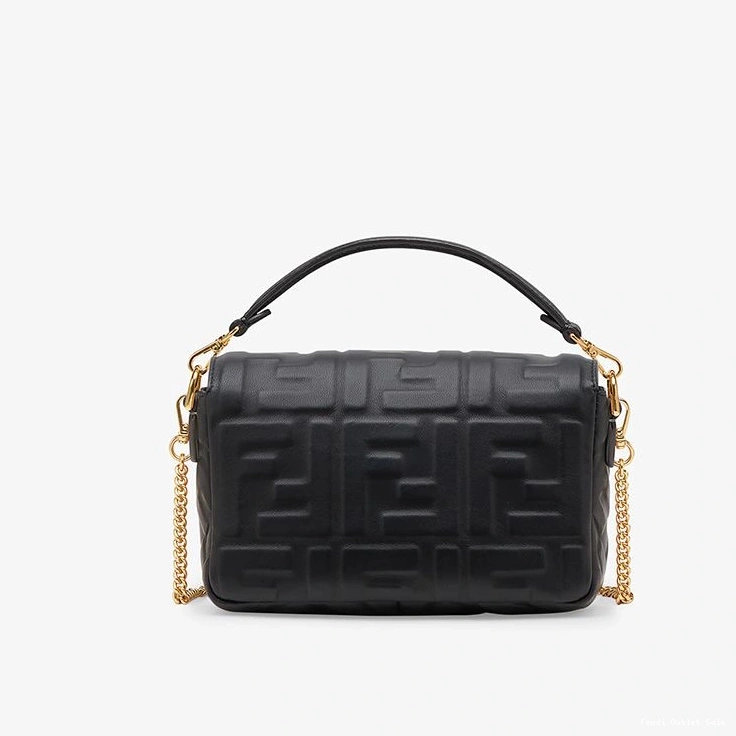 Affordable Baguette Black Bag FF Leather In Mini Motif Fendi Nappa 0727